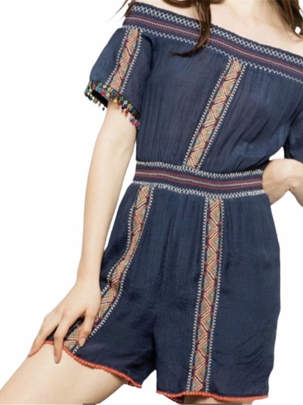 Letarte Navy Off-Shoulder Embroidered Romper with Pom Trim